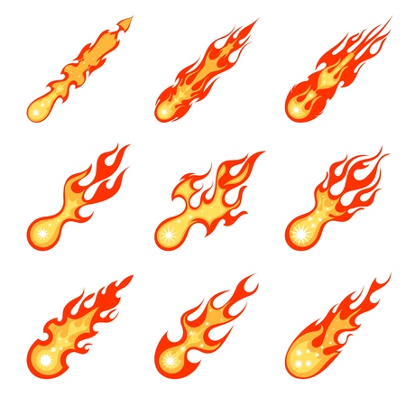 Collection of bright cardboard style images of meteorites on a white background. Space element in the Earth's atmosphere. Meteors with flame. Vintage style. Vector illustrationのイラスト素材