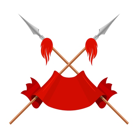 Two spears, a flag and a red ribbon on a white background. Vector illustration of a heraldic sign - crossed spears and ribbon. Cartoon illustrationのイラスト素材