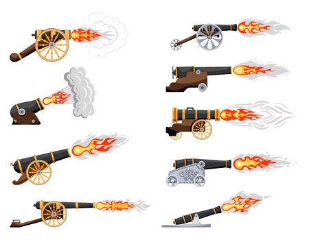 Set Vintage gun. Color image of medieval cannon firing on a white background. Cartoon style.  Collection Subject of war and aggression. Stock vector illustrationのイラスト素材
