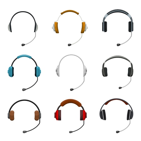 Set of icons for the headset. Cartoon set of headphones vector icons for web design, isolated on white background. Vector illustration of a medium of communicationのイラスト素材