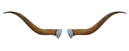 Two horns on a white background. Horns of an animal in a metal frame. Element of the scenery of the Viking. Subject of design. Vector illustration.のイラスト素材