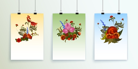 Set of sheets of paper with binders on a white background with floral design elements. Vector illustration of a greeting card or invitation cardのイラスト素材