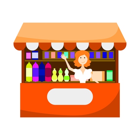 Vector cartoon illustration of market stall and woman. Female street vendors. Human characters on white backgroundのイラスト素材