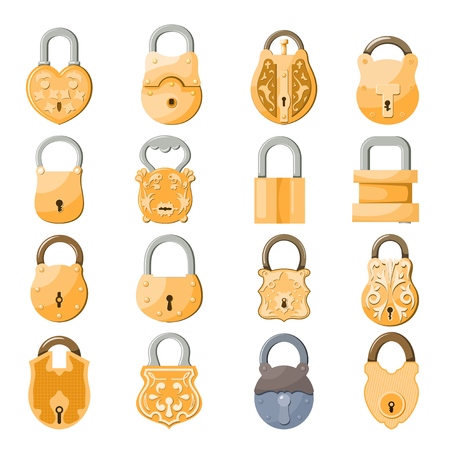 Antique old padlocks set in cartoon style on white background vintage lock security and safety mechanisms vector illustrationのイラスト素材