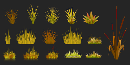 Set of autumn grass on a dark background. Elements of vegetation lawn garden meadow isolate. Vector illustrationのイラスト素材