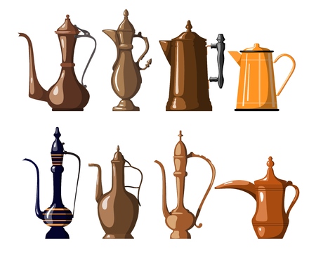 Set of old traditional coffee pots on a white background isolated object. A collection of utensils for coffee in the style of a cartoon food sign. Vector illustrationのイラスト素材