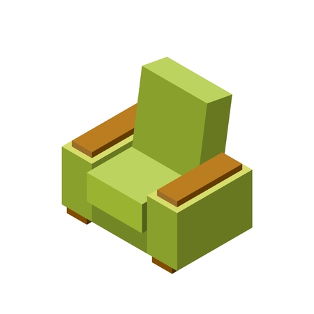 Classic green armchair on a white background. Isometric style,  shape of a simple armchairs with wooden armrests. Vector illustration of a comfortable comfortable chairのイラスト素材