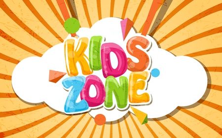 Round cartoon logo for kids room. Colorful bubble letters for the children's playroom. The inscription on an orange background with rays. Vector illustrationのイラスト素材