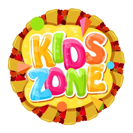 Round cartoon logo for kids room. Colorful bubble letters for the children's playroom. The inscription on an orange background with rays. Vector illustrationのイラスト素材