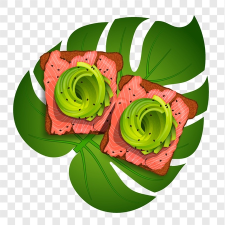 Beautifully plated avocado toast.  Sandwich with avocado, salmon and black sesame on a tropical leaf on a transparent background. Vector illustration healthy food.のイラスト素材