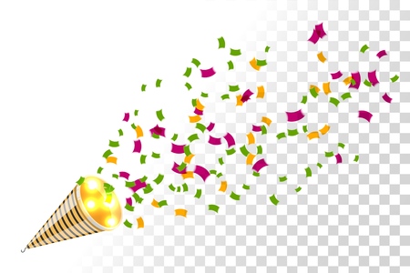 Bright party cracker with kofetti in isometric style on a transparent background. Exploding slapstick for a holiday, party, congratulations and birthday. Vector illustration of popperのイラスト素材