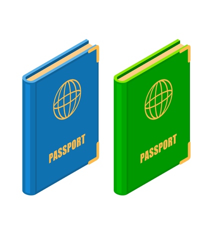 Two passports in isometric style on a white background. Vector illustration of official identity card for travel and residence, emigration and residence permit. Identity document signのイラスト素材