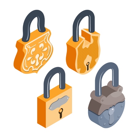 Set of vintage locks in isometric style on a white background. Retro yellow metal locks with an...
