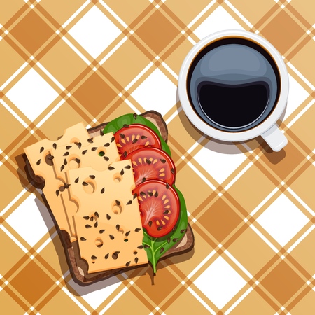 Food for breakfast.  Sandwiches with a cup of coffee on a checkered tablecloth. Vector illustration of toast with cheese, spinach, white cup with black coffeeのイラスト素材