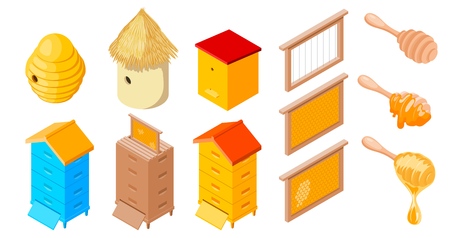 Vector Beehives Apiary set of objects of the beekeeper on a white background isolated object stock illustration: frame, beehive, honey, stick, waxのイラスト素材