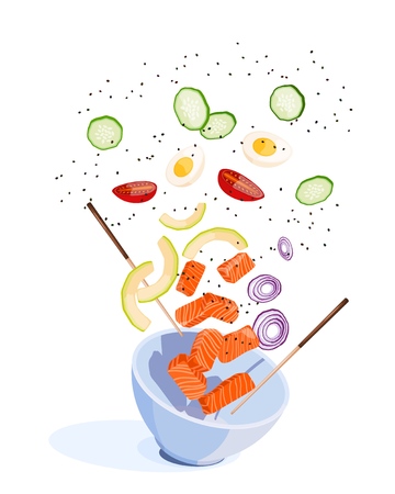 White round poke bowl with flying products: salmon, avocado, rice and onion ring, tomato on a white background. Trend Hawaiian food. Vector illustration of healthy food.のイラスト素材