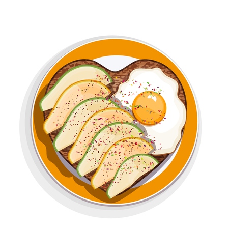 Sandwich with egg and avocado slices in the form of a heart on a plate with a yellow rim. Vector illustration of delicious appetizing snacks on white backgroundのイラスト素材