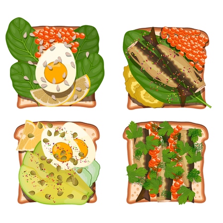 Set of toasts with various wholesome food products: egg, avocado, caviar, sprat, spinach, caviar, cucumber, lemon, dill.  Healthy food on white bread. Vector illustration of sandwichesのイラスト素材