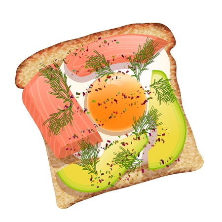 Toast with avocado and salmon on black bread. Vector illustration of wholesome food, sea fish and avocado on a white background. Sandwich with vitamin ingredients illustrationのイラスト素材