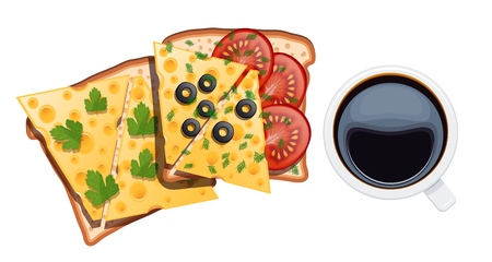 Set of food for breakfast. Two sandwiches with a cup of coffee on a white background. Vector illustration of toasts with cheese, tomatoes, eggs, dill, olives, white cup with black coffeeのイラスト素材