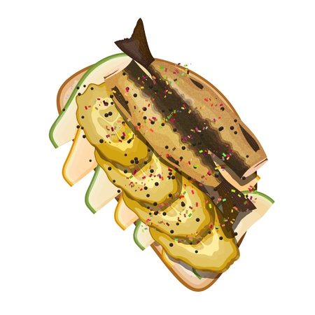 Appetizing sandwich with sprats, pickles, sesame, avocado slice on a white background. Vector illustration of a snack with fish and sesame seeds.のイラスト素材