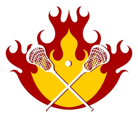 Lacrosse putter and ball on fire background. Flames with sticks for lacrosse. Vector illustration.のイラスト素材