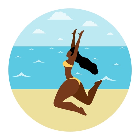 Young dark-skinned girl joy running through the sand by the sea. Young woman in the summer on vacation, rest and relaxation. Vector illustration of summer pastime.のイラスト素材