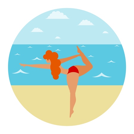 Young girl in a bikini on a beske by the sea is engaged in physical exercise Young woman Yoga. Seashore and sporty young lady Vector illustration of active lifestyle, summer holidays and vacationのイラスト素材