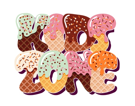 Kids zone cartoon inscription letters from biscuit  on a white background. Vector illustration. Playground and game banner for children with colored lettersのイラスト素材