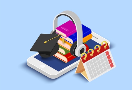 Abstract concept illustration of a smart phone with books, head phones,  calendar and a student cap. Remote learning. E-learning. Vector illustrationのイラスト素材