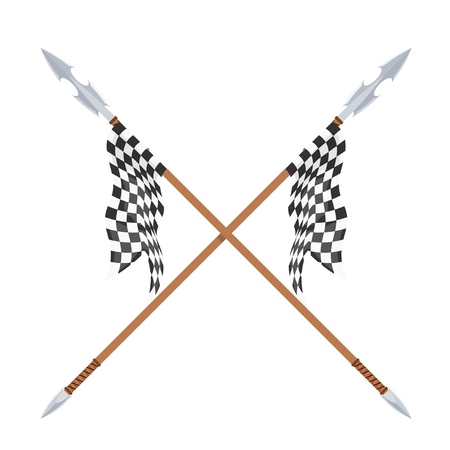 Two spears with flagon a white background. Vector illustration of a heraldic sign - crossed spears and flag. Cartoon vector illustrationのイラスト素材