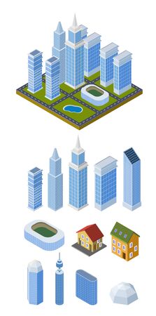 Set of vector isometric buildings. Treble-style multi-storey houses on a white background. Vector illustrationのイラスト素材