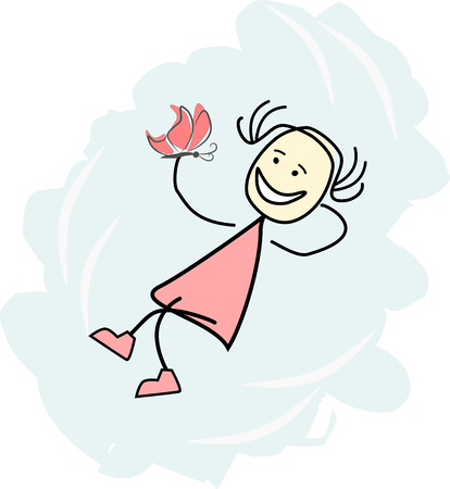 happy girl is lying on a cloud with a purple butterflie in her handの写真素材