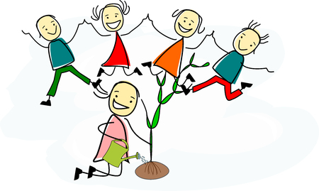 happy children jumping in the air while a girl is planting a treeの写真素材
