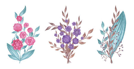 Wedding bouquet. Flowers, feathers, leaves, branches. Watercolor drawing. Element for decoration. Registration of wedding invitations, certificates.の写真素材