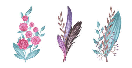 Wedding bouquet. Flowers, feathers, leaves, branches. Watercolor drawing. Element for decoration. Registration of wedding invitations, certificates.の写真素材