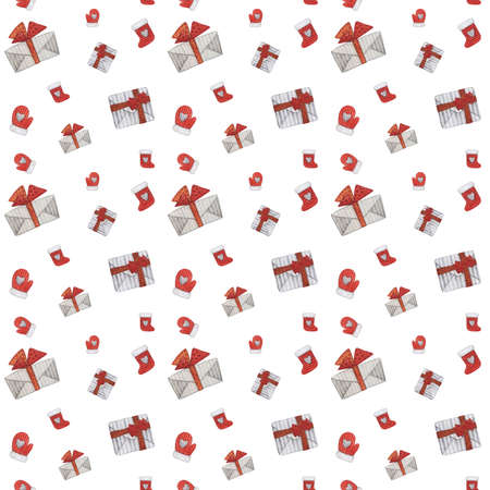 Watercolor Christmas pattern with toys, gingerbread, gifts, toys. Illustration for new year isolated on white background.の写真素材