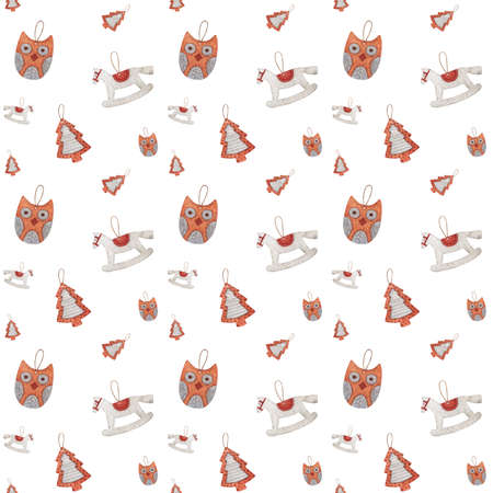 Watercolor Christmas pattern with toys, gingerbread, gifts, toys. Illustration for new year isolated on white background.の写真素材