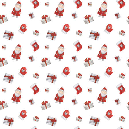 Watercolor Christmas pattern with toys, gingerbread, gifts, toys. Illustration for new year isolated on white background.の写真素材