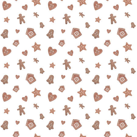 Watercolor Christmas pattern with toys, gingerbread, gifts, toys. Illustration for new year isolated on white background.の写真素材