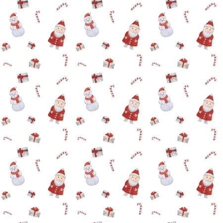 Watercolor Christmas pattern with toys, gingerbread, gifts, toys. Illustration for new year isolated on white background.の写真素材
