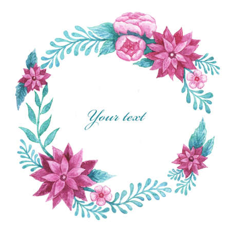 Watercolor frame. Flowers and leaves. Perfect for pictures,  clock and printing tableware, lettering, wedding, invitations, cards, discs, quotes.の写真素材