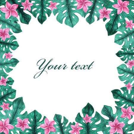 Watercolor frame. Flowers and leaves. Perfect for pictures,  clock and printing tableware, lettering, wedding, invitations, cards, discs, quotes.の写真素材