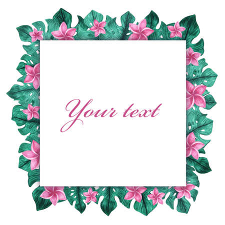 Watercolor frame. Flowers and leaves. Perfect for pictures,  clock and printing tableware, lettering, wedding, invitations, cards, discs, quotes.の写真素材