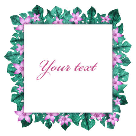 Watercolor frame. Flowers and leaves. Perfect for pictures,  clock and printing tableware, lettering, wedding, invitations, cards, discs, quotes.の写真素材