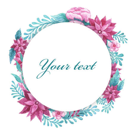 Watercolor frame. Flowers and leaves. Perfect for pictures,  clock and printing tableware, lettering, wedding, invitations, cards, discs, quotes.の写真素材