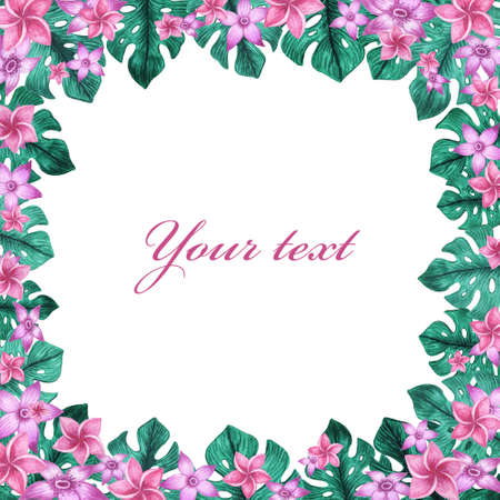 Watercolor frame. Flowers and leaves. Perfect for pictures,  clock and printing tableware, lettering, wedding, invitations, cards, discs, quotes.の写真素材