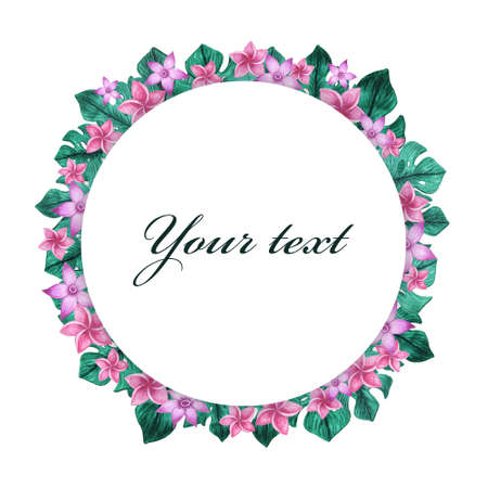 Watercolor frame. Flowers and leaves. Perfect for pictures,  clock and printing tableware, lettering, wedding, invitations, cards, discs, quotes.の写真素材