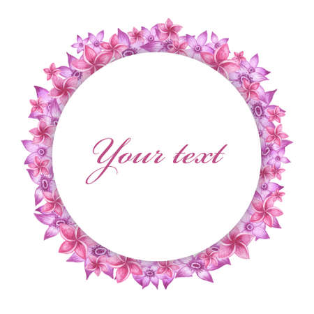 Watercolor frame. Flowers and leaves. Perfect for pictures,  clock and printing tableware, lettering, wedding, invitations, cards, discs, quotes.の写真素材