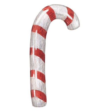 New Years sweet caramel cane on a stick. Watercolor Christmas object with toysの写真素材